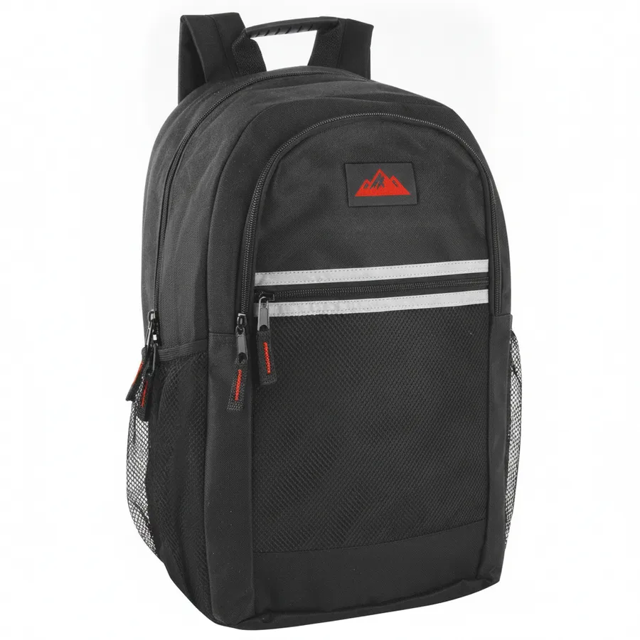 Classic 18-Inch Multi-Pocket Backpack with Reflective Safety Strip - Black — wholesale Bags & Backpacks by the case