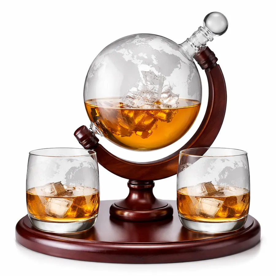 Etched Globe Whiskey Decanter Set - Ship in a Bottle — wholesale Kitchen & Drinkware by the case