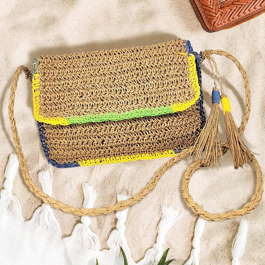 Womens Crossbody Bag - Color Block Paper Straw with Tassels, 11x7 — wholesale Bags & Backpacks by the case