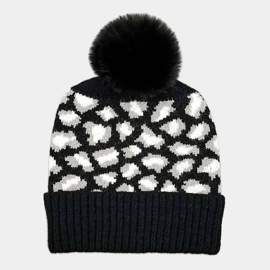 Leopard Patterned Faux Fur Pom Pom Beanie Hat - Assorted — wholesale Apparel & Accessories by the case