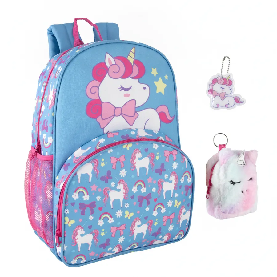Kids Unicorn Backpack with Matching Mini Bag & Keychain - 17-Inch Everyday Travel Bag — wholesale Keychains & Charms by the case