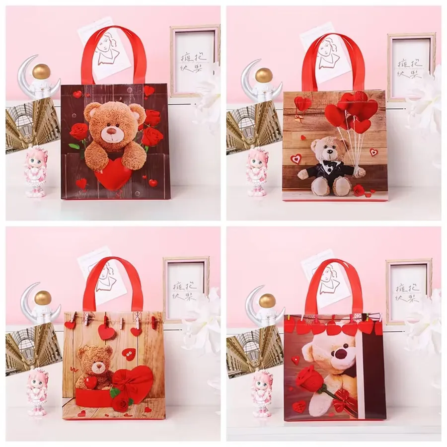 Love Rose Bear Patterned Gift Bag For Valentine - Assorted — wholesale Seasonal & Holiday by the case