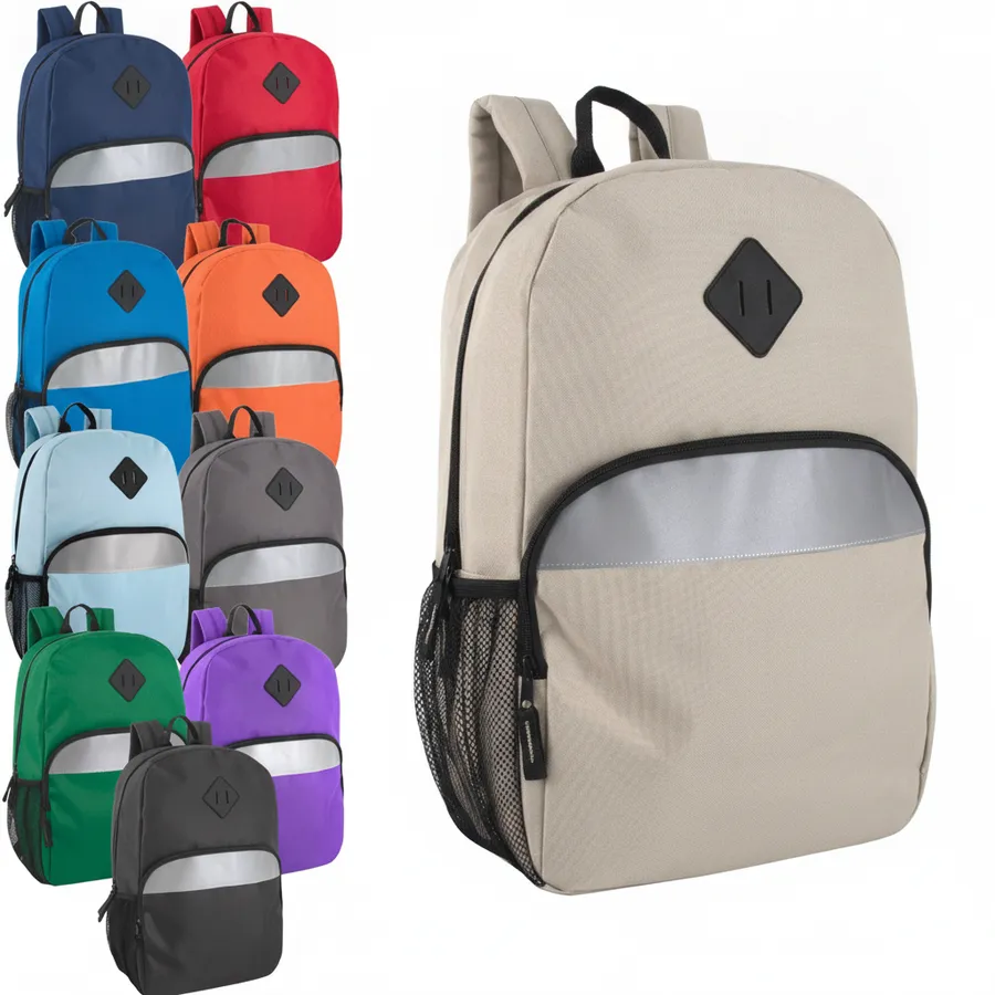 17-Inch Reflective Safety Backpack with Water Bottle Pocket - Classic School and Travel Daypack — wholesale Bags & Backpacks by the case