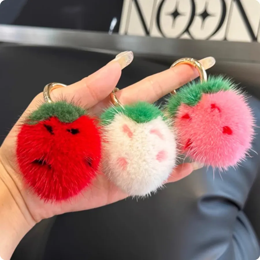 Holiday Mini Strawberry Soft Pom Pom Keychain- Assorted — wholesale Keychains & Charms by the case