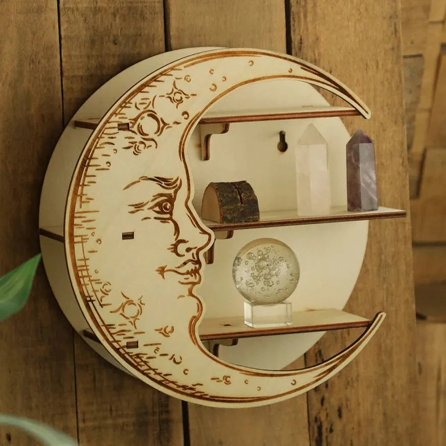Boho Wooden Moon Face Wall Shelf – Floating Crystal Display — wholesale Home & Décor by the case