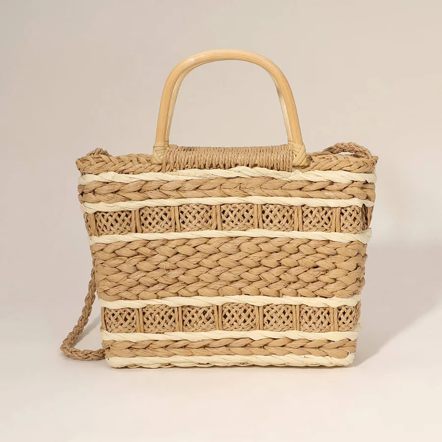 Wooden Top Handle Weave Straw Tote Bag - Assorted — wholesale Bags & Backpacks by the case
