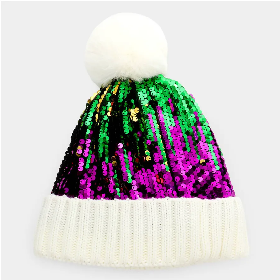 Sequin Pom Pom Beanie Hat For Kids - Assorted — wholesale Apparel & Accessories by the case