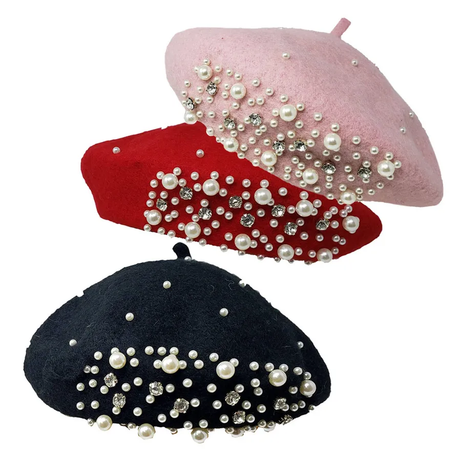 Pearl Stone Embellished Wool Blend Beret Hat - Assorted — wholesale Apparel & Accessories by the case