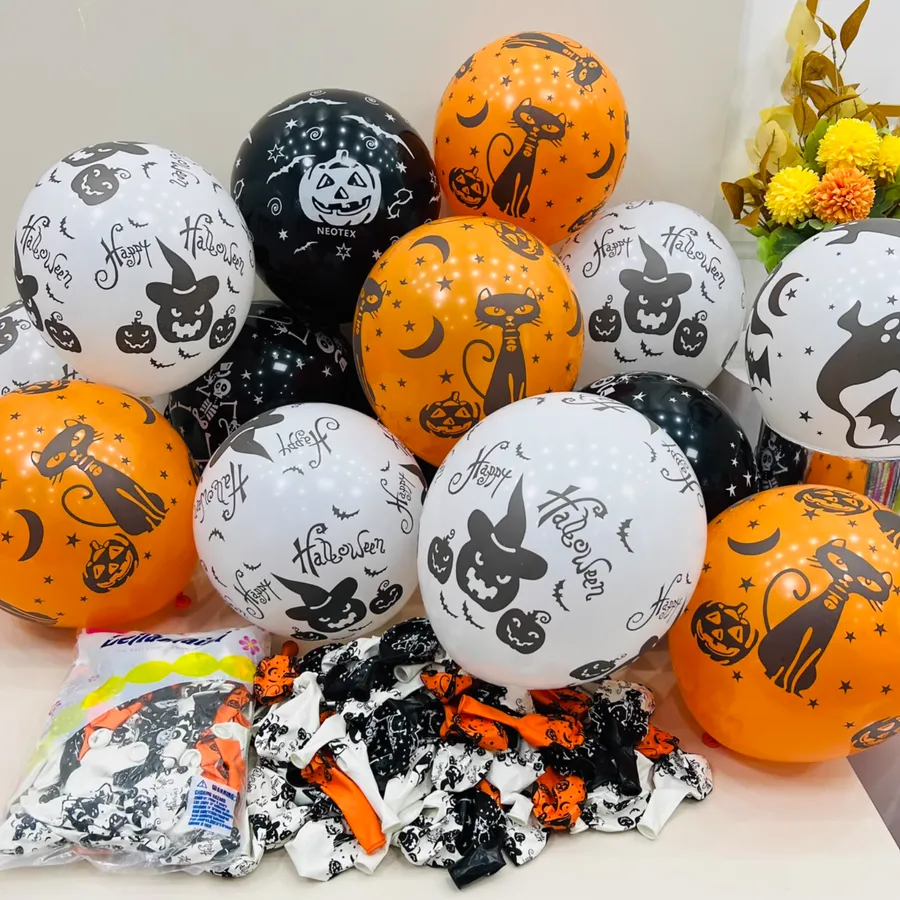 2907BA Club Decoration 12-Inch Halloween Balloon Thickened Skull Pumpkin Black Cat Bat Ghost Thriller Black and White Or — wholesale Seasonal & Holiday by the case