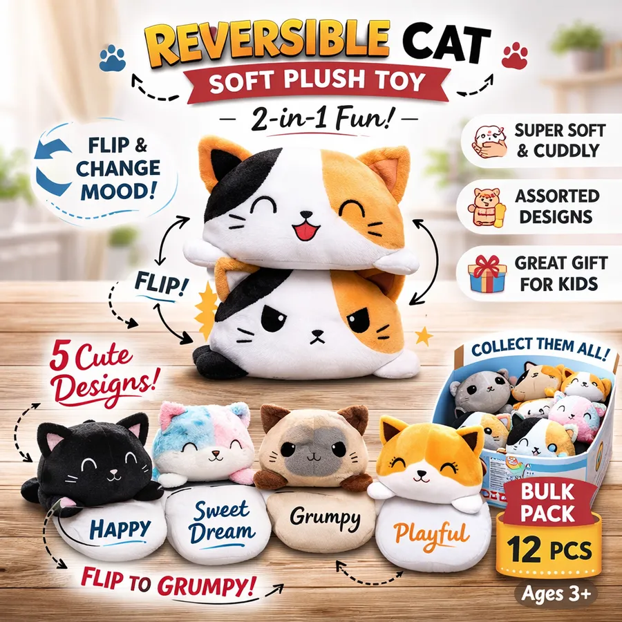 Reversible Cat Plush Toy Bulk – 2-in-1 Mood Flip — wholesale Plush & Squishies by the case