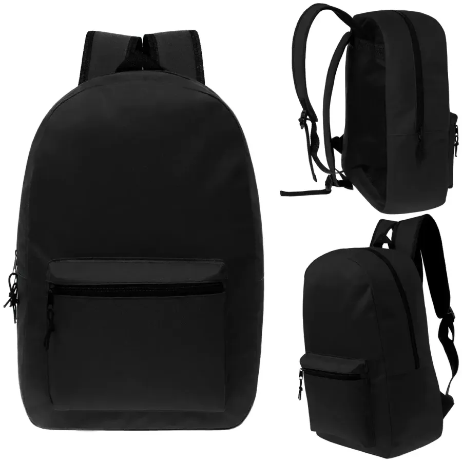 15” Kids Basic Backpack – Back to School Black Bag — wholesale Bags & Backpacks by the case