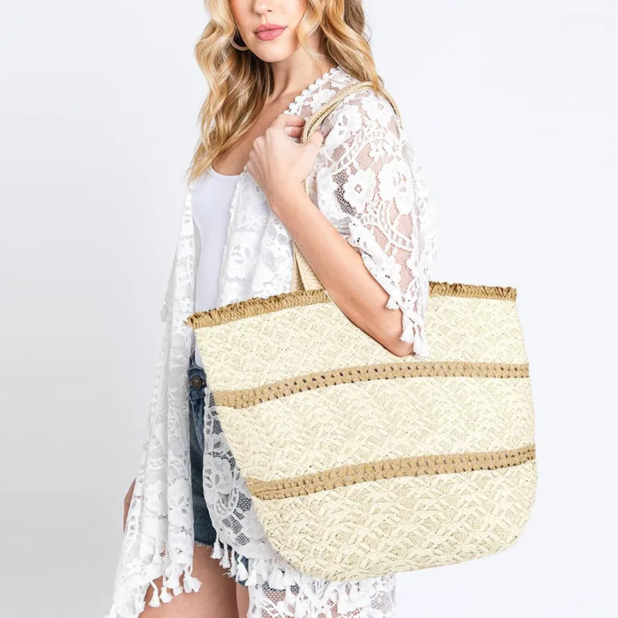 Striped Frayed Straw Bags For Women's - Assorted — wholesale Kitchen & Drinkware by the case