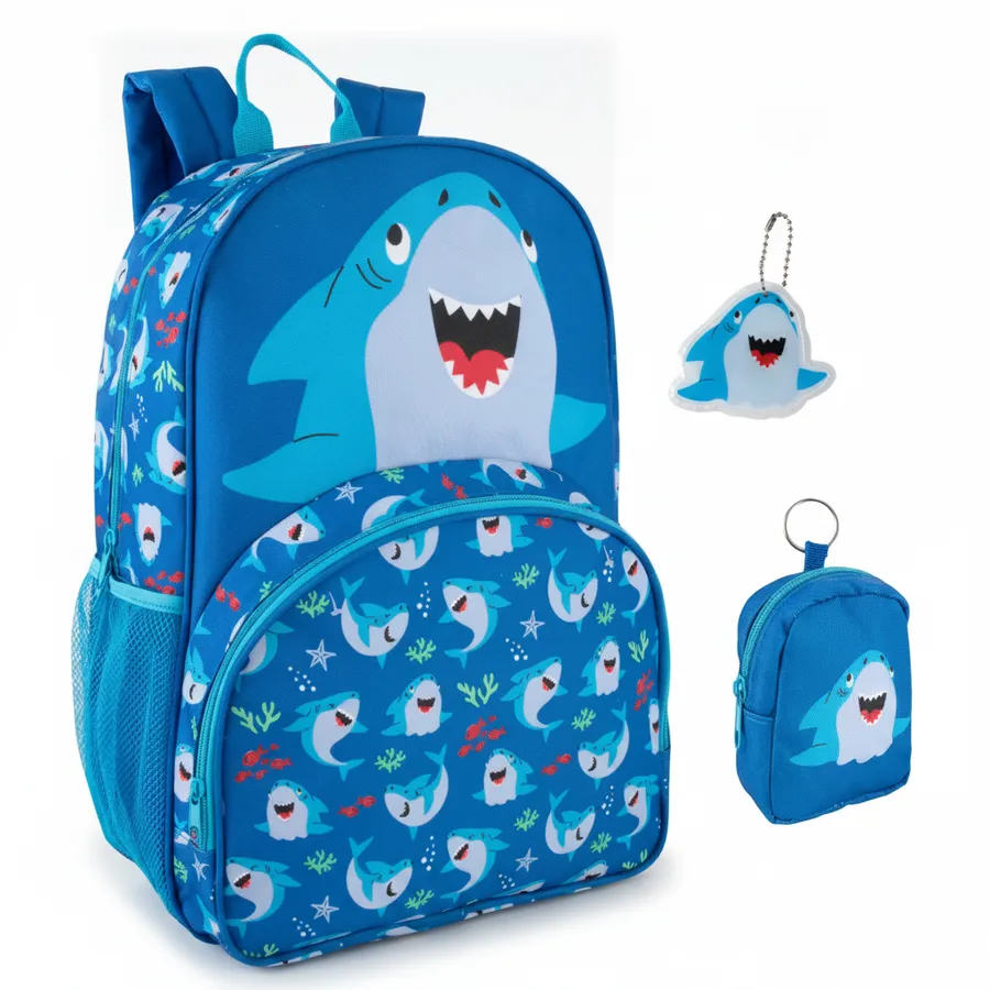 Kids Shark Backpack Set with Matching Mini Bag and Keychain - 17-Inch Everyday Travel Bags — wholesale Keychains & Charms by the case