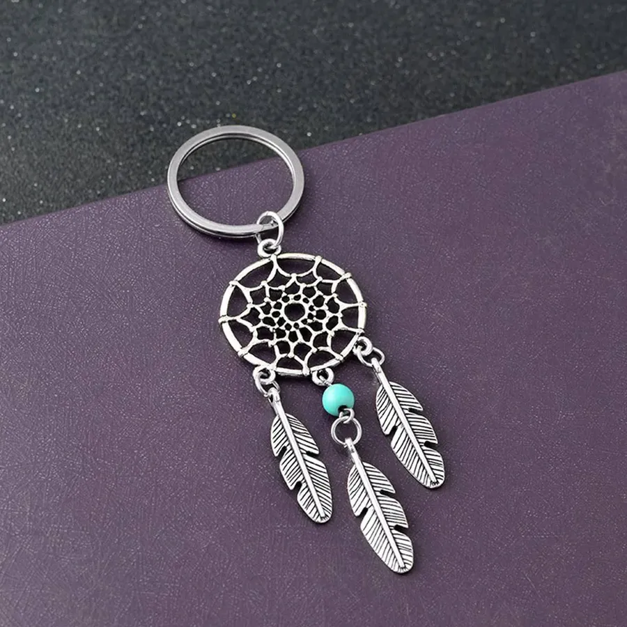 Silver Metal Feather Dream Catcher Keychain - Assorted — wholesale Keychains & Charms by the case