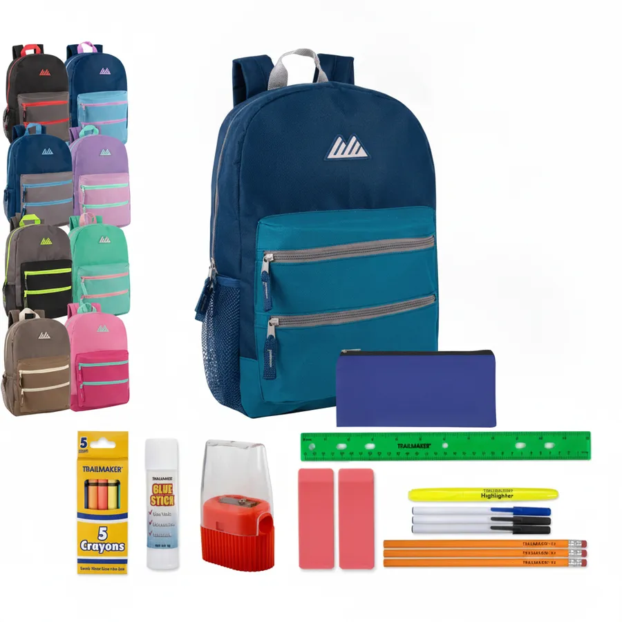 17-Inch Classic Double Pocket School Backpack with Stationery Supplies Kit — wholesale Bags & Backpacks by the case