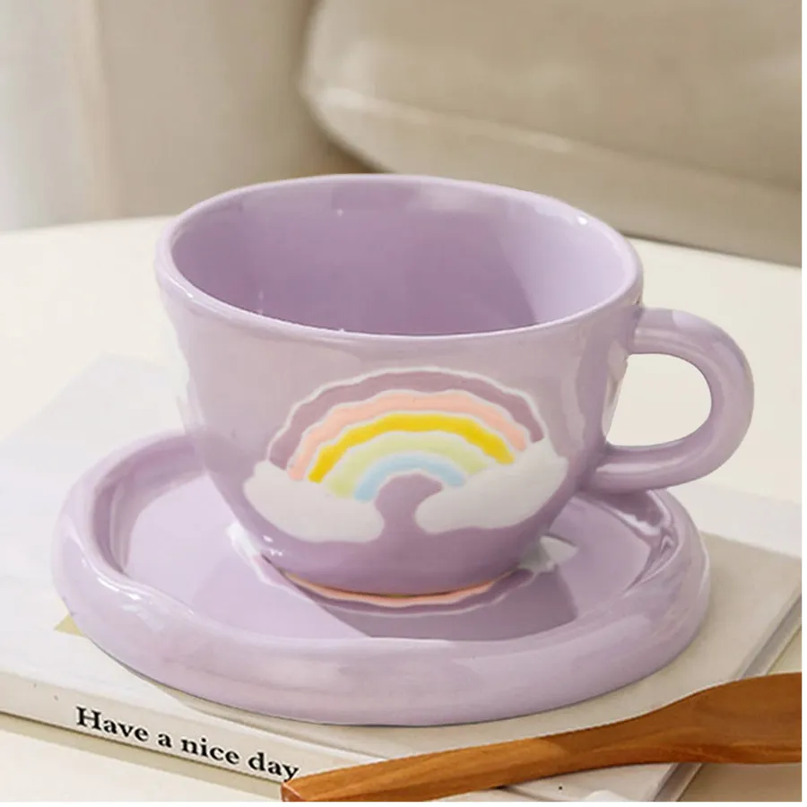 Rainbow Ceramic Mug Cup and Saucer Set Home Décor — wholesale Kitchen & Drinkware by the case