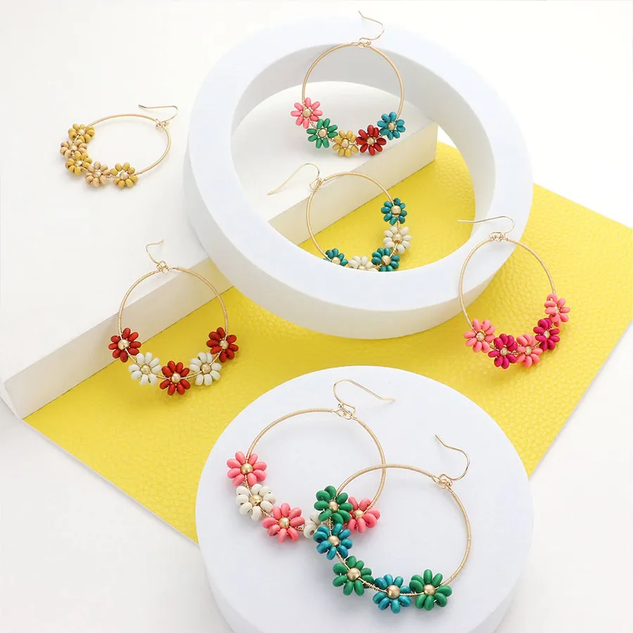Wooden Beaded Flower Open Metal Dangle Earring - Assorted — wholesale Apparel & Accessories by the case