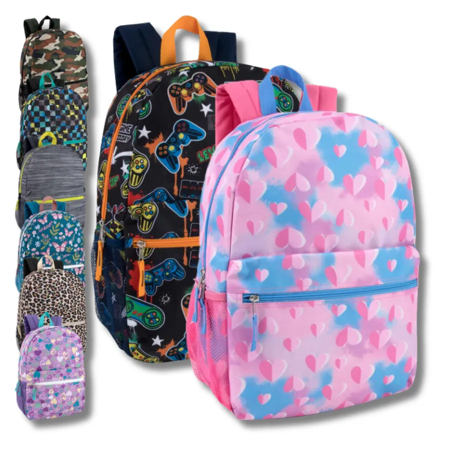 17'' Printed Backpack with Side Mesh Pockets- Assorted — wholesale Bags & Backpacks by the case
