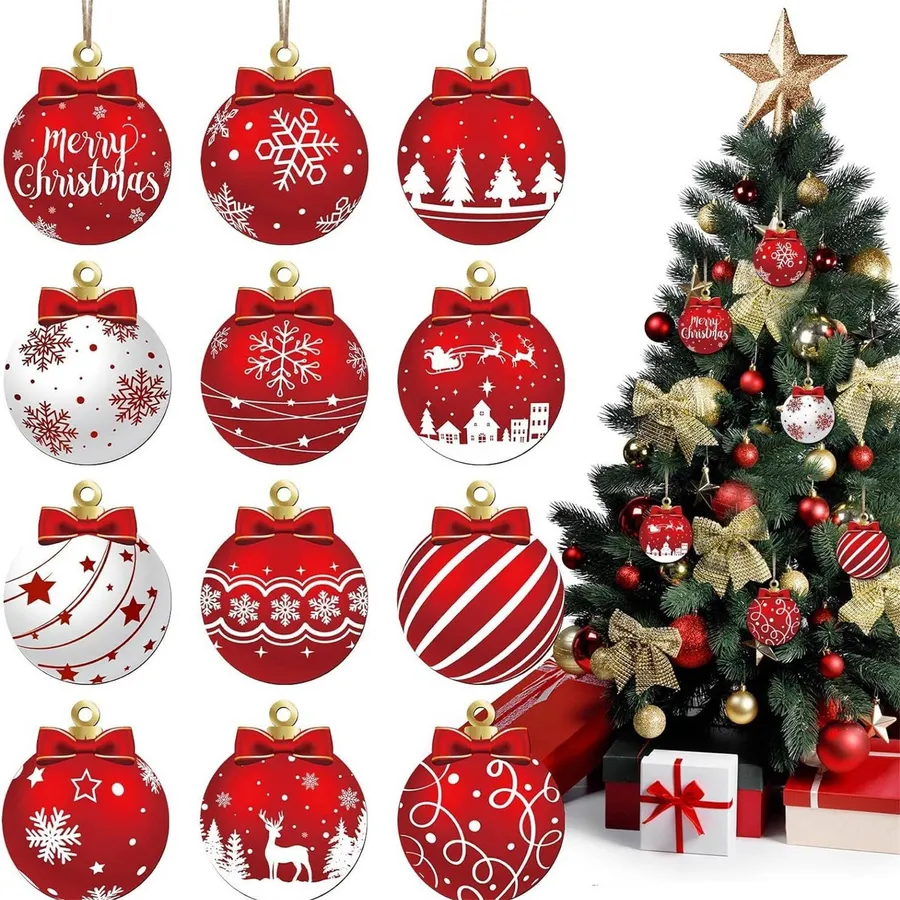12PCS Flat Wooden Christmas Ornaments Set – 2026 Tree Decor — wholesale Seasonal & Holiday by the case