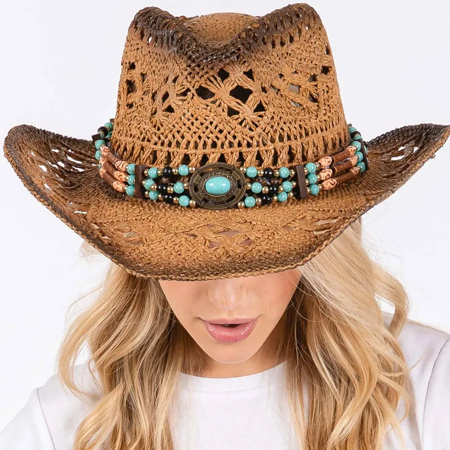 Cowboy Hat with Western Wood Beaded Band - Assorted — wholesale Apparel & Accessories by the case