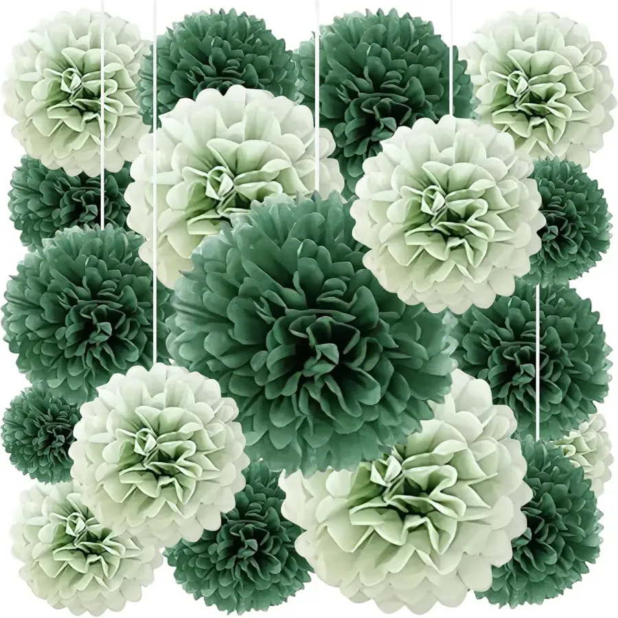 20pcs Hunter and Sage Green Paper Pom Poms Party Decor — wholesale Party & Gifts by the case