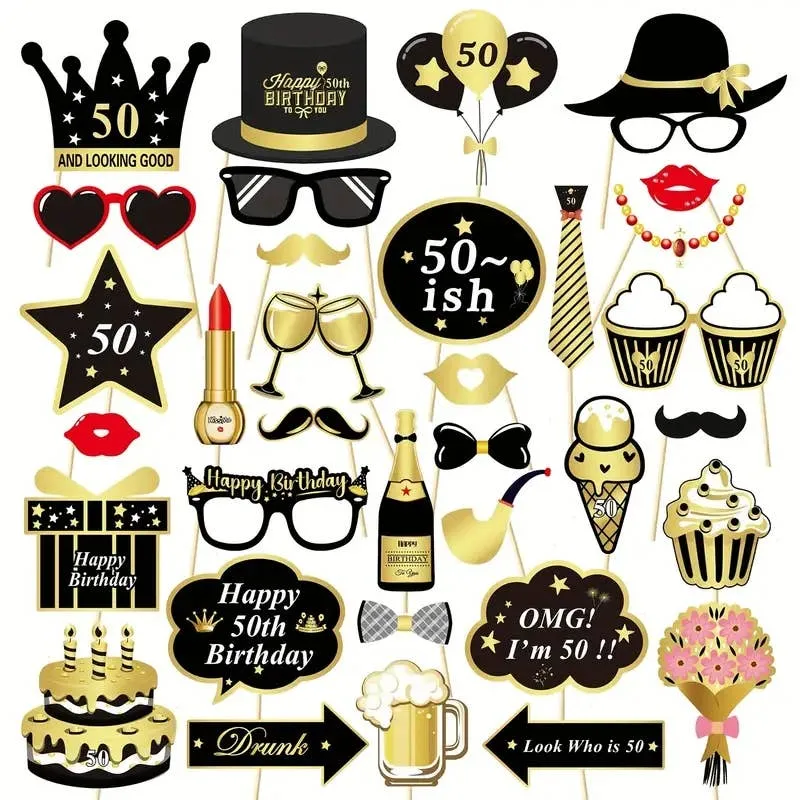34Pc Black & Gold Birthday Photo Props – Party Decor — wholesale Party & Gifts by the case
