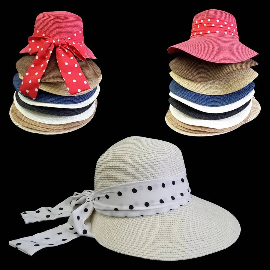 Straw Sun Hat with Polka Dot Ribbon Wide Brim - Assorted — wholesale Apparel & Accessories by the case