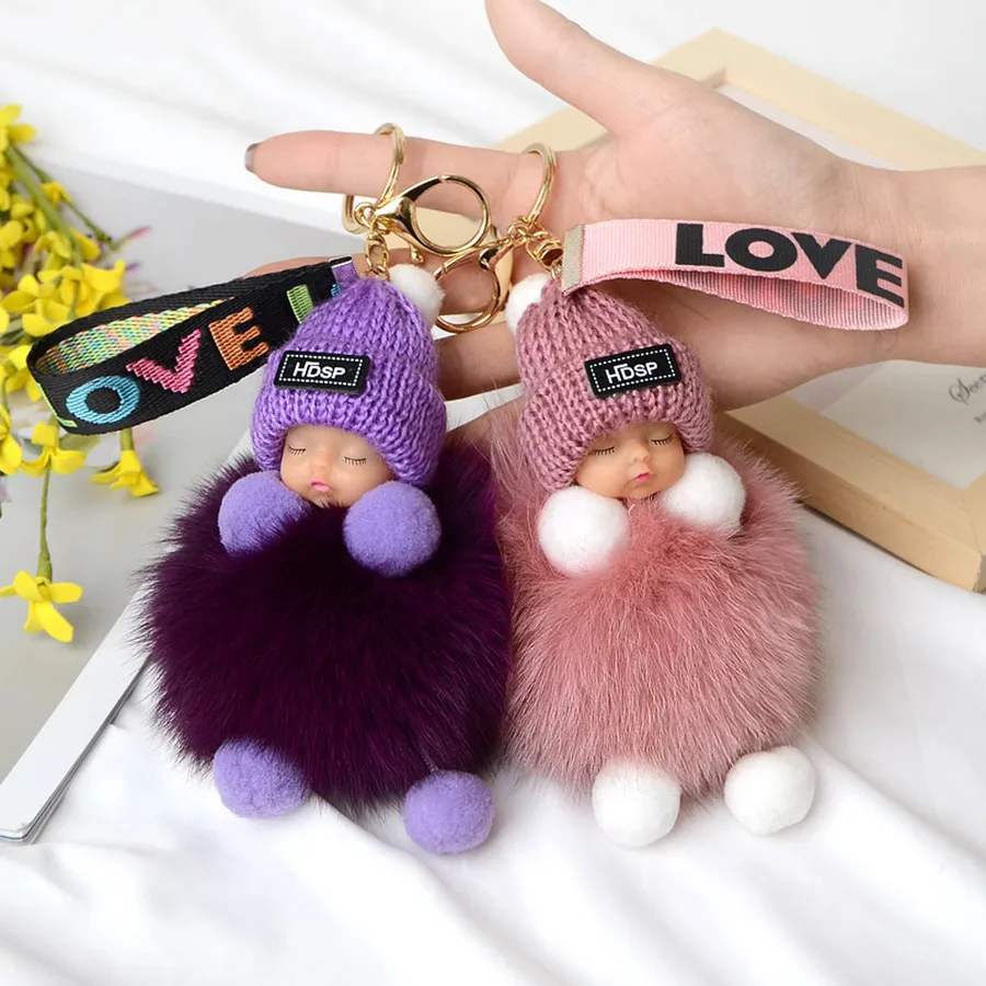 Kids Sleeping Baby Doll Fur Keychains - Assorted — wholesale Keychains & Charms by the case