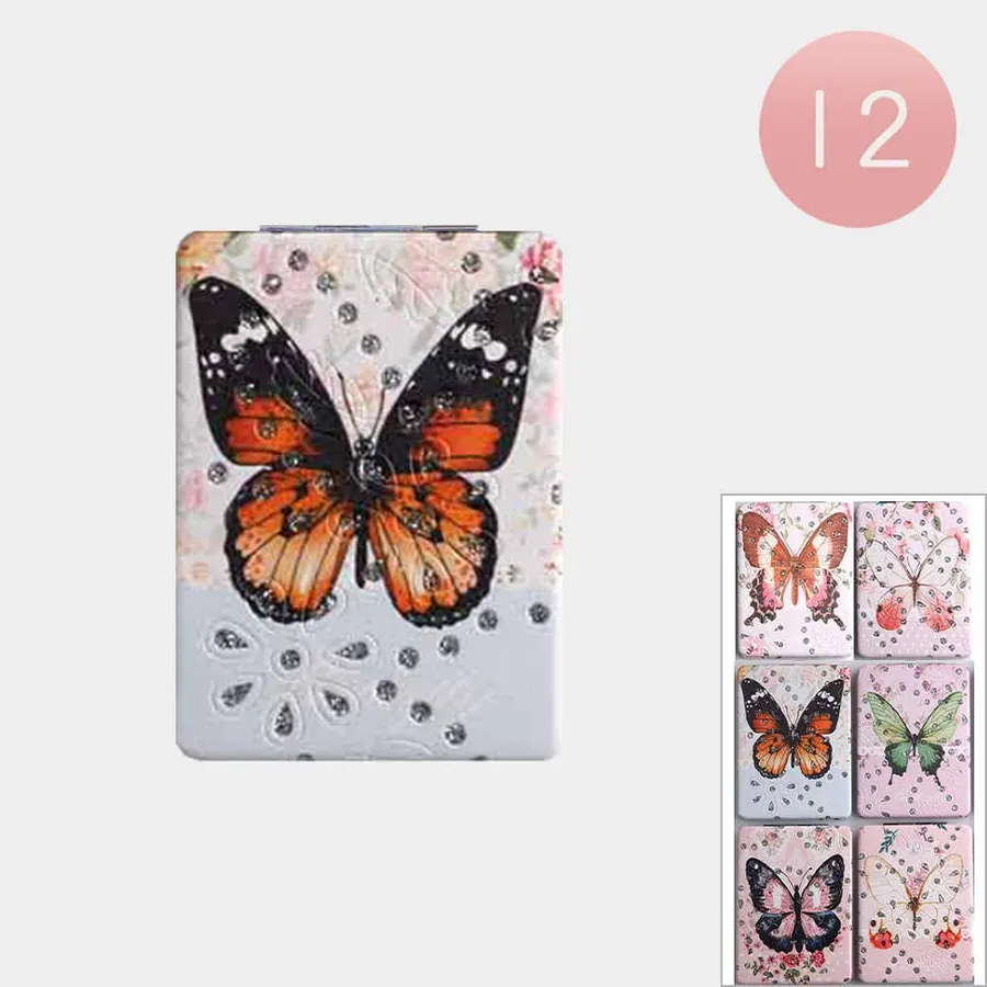 Butterfly Style Printed Cosmetic Plain & Magnifying Mirrors — wholesale Home & Décor by the case