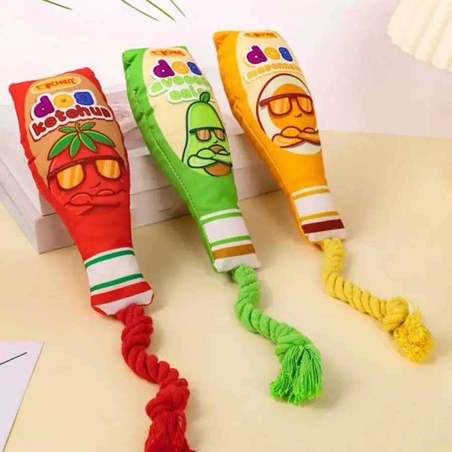 Funny Sauce Bottle Dog Toy with Rope – Plush & Squeaky — wholesale Plush & Squishies by the case