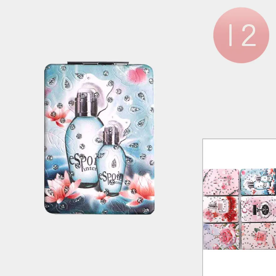 Stone Embellished Perfume Printed Cosmetic Mirrors -Assorted — wholesale Home & Décor by the case