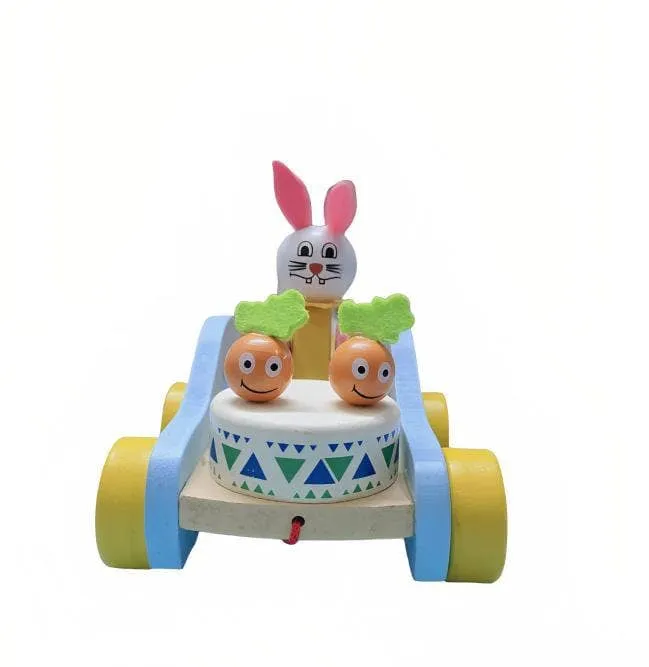 Wooden Cute Bunny Drumming Car Kids Toys Musical Pull Along Toy, No Batteries Required — wholesale Toys & Games by the case