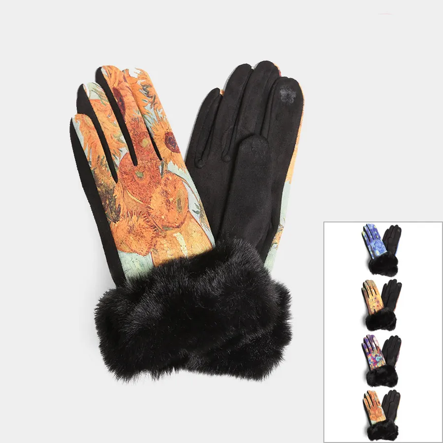 Painting Print Faux Fur Cuff Gloves For Winter - Assorted — wholesale Apparel & Accessories by the case