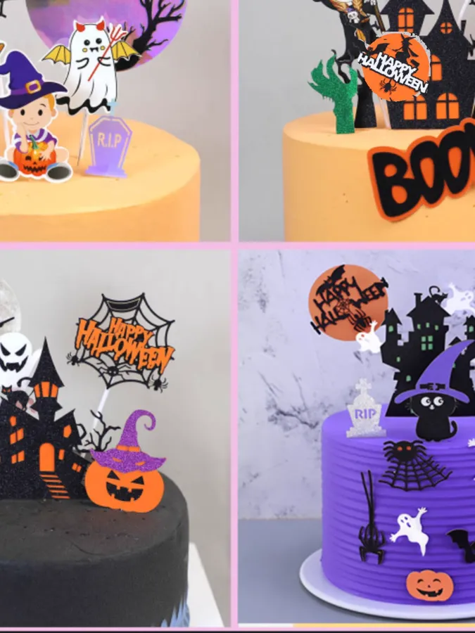 2907BA Halloween Decoration Cake Inserting Card Pumpkin Bat Spider Witch Haunted House Plug-in Baking Birthday Cake Deco — wholesale Seasonal & Holiday by the case