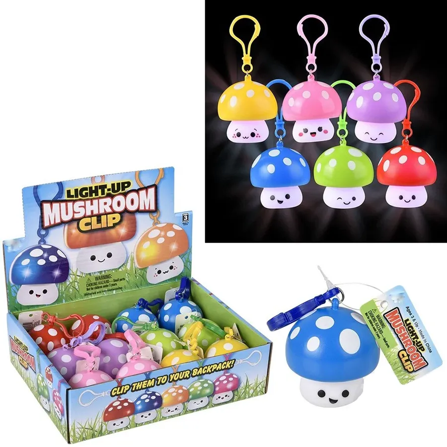 Light-Up Mushroom Clip On Keychain Toy - Assorted — wholesale Keychains & Charms by the case