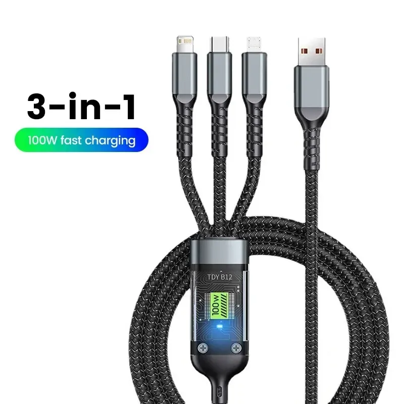 0907GG 3-in-1 100W 5A Fast Charging USB To Type-C Micro Fast Charger Cable For iPhone 14 13 Samsung Xiaomi Huawei Phone — wholesale Tech & Gadgets by the case