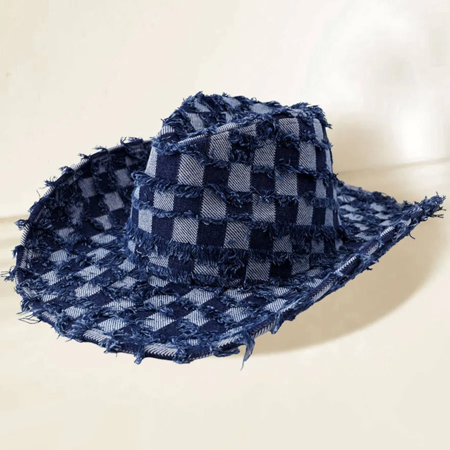 Fringe Denim Checkered Patterned Cowboy Western Hat — wholesale Apparel & Accessories by the case