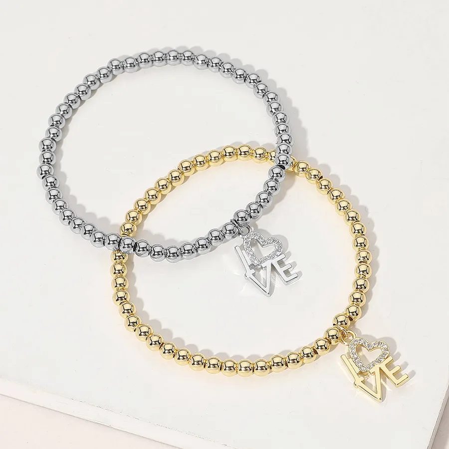 Stone Paved Heart Charm Beaded Stretch Bracelet - Assorted — wholesale Keychains & Charms by the case