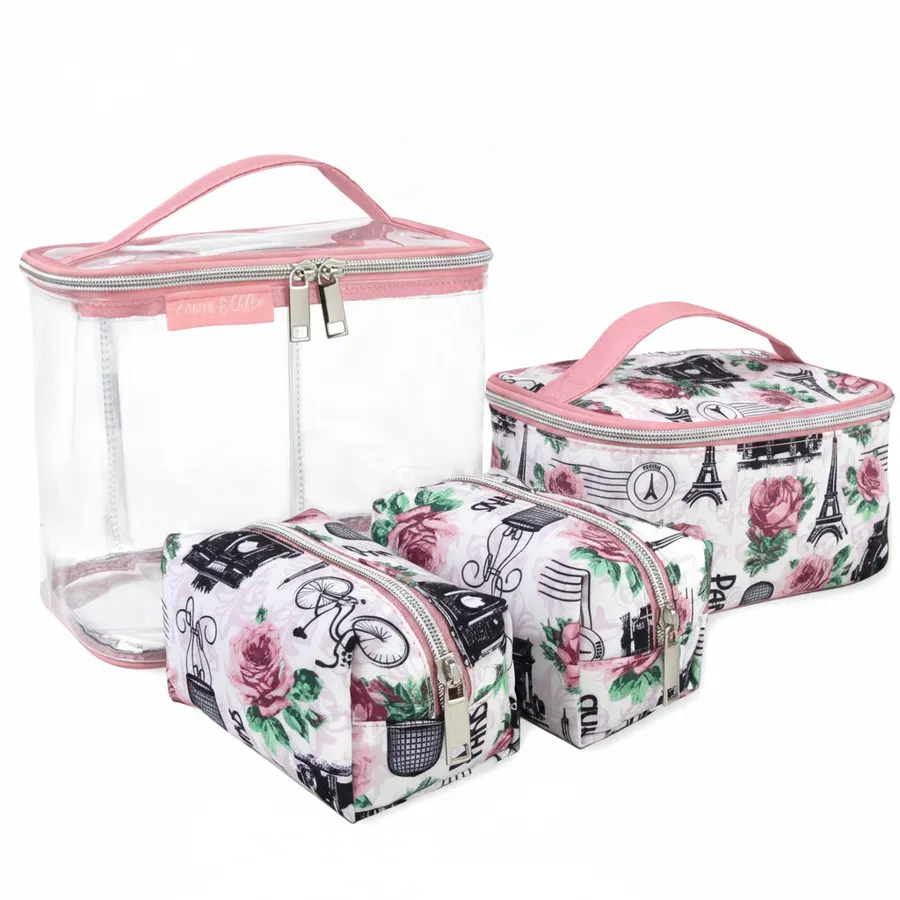 Floral Rose Print Cosmetic Bags Set of 4 - Travel and Everyday Makeup Pouches — wholesale Bags & Backpacks by the case