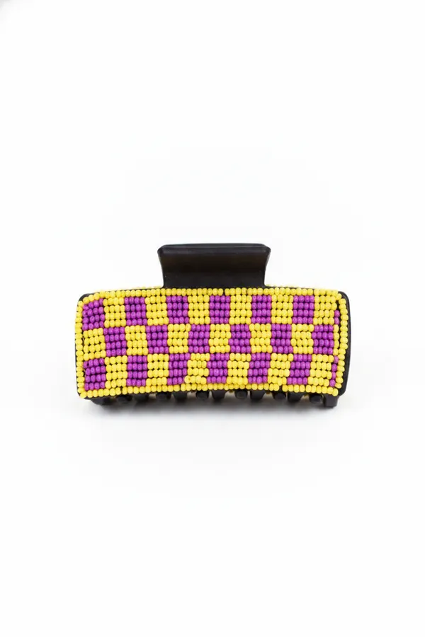 Checkered Purple and Yellow Seed Bead Hair Claw Clip - Trendy Hair Accessories for Boutique and Salon — wholesale Apparel & Accessories by the case