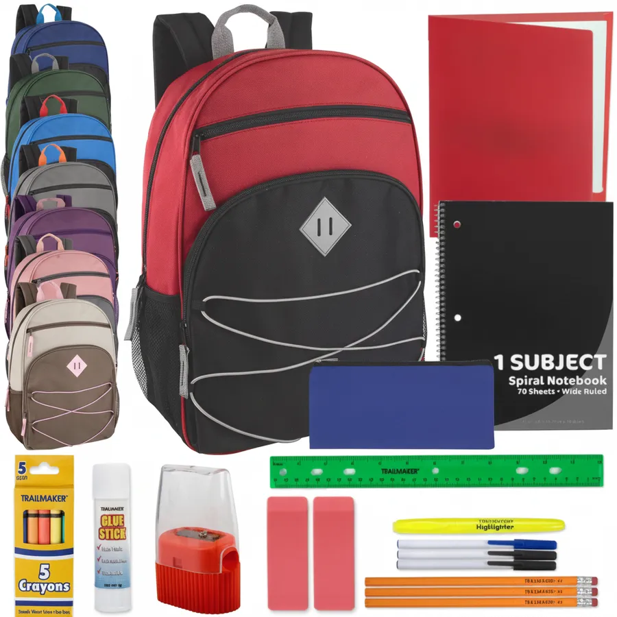17-Inch Multi-Pocket Bungee Backpack with School Supply Kit — wholesale Bags & Backpacks by the case