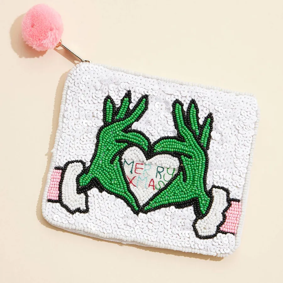 Grinch Hand Sequin Beaded Christmas Pouch Bag — wholesale Seasonal & Holiday by the case