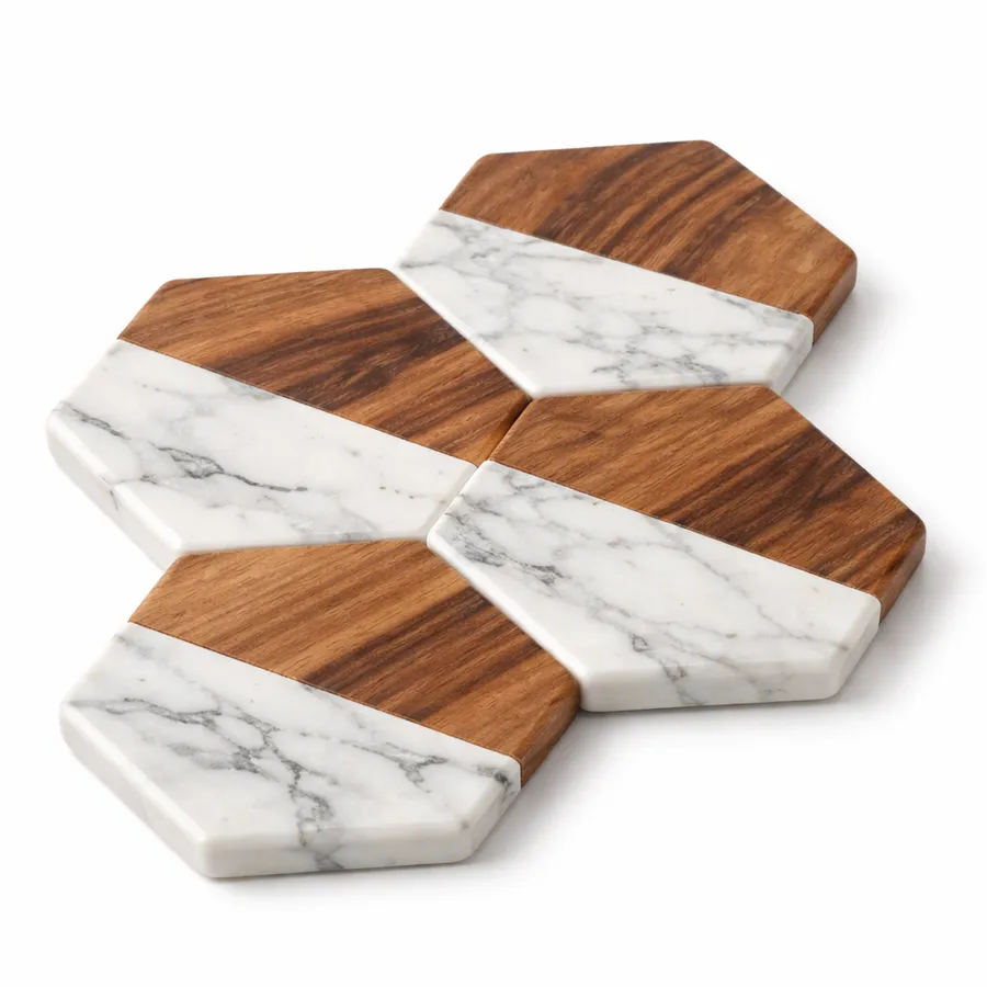 Marble & Acacia Wood Hexagon Coasters | Set of 4 Eco-Luxe — wholesale Kitchen & Drinkware by the case