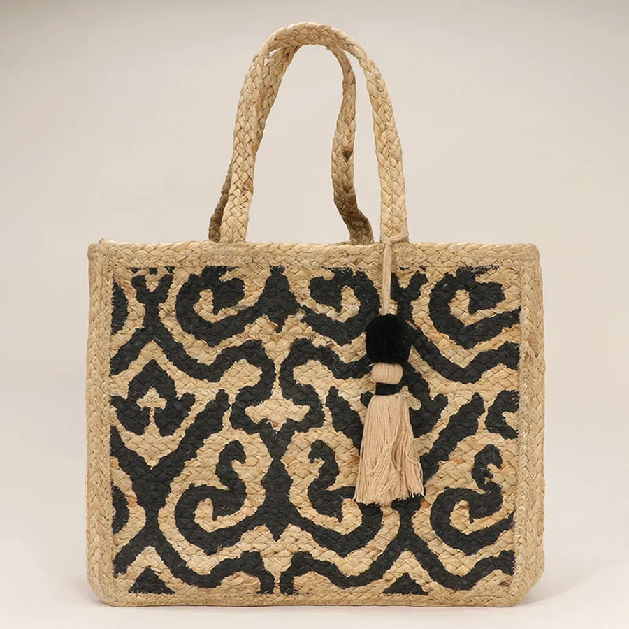 Geometric Tassel Jute Tote Bag - Assorted — wholesale Bags & Backpacks by the case