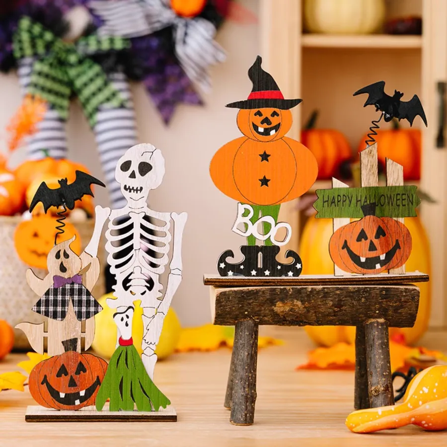 2907BA H3 New Halloween Creative Spring Skull Table Decorations Ghost Festival Pumpkin Bat Wooden Decoration — wholesale Seasonal & Holiday by the case