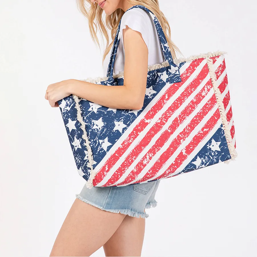 American Flag Printed Fringe Tote Bag For Women's - Assorted — wholesale Bags & Backpacks by the case