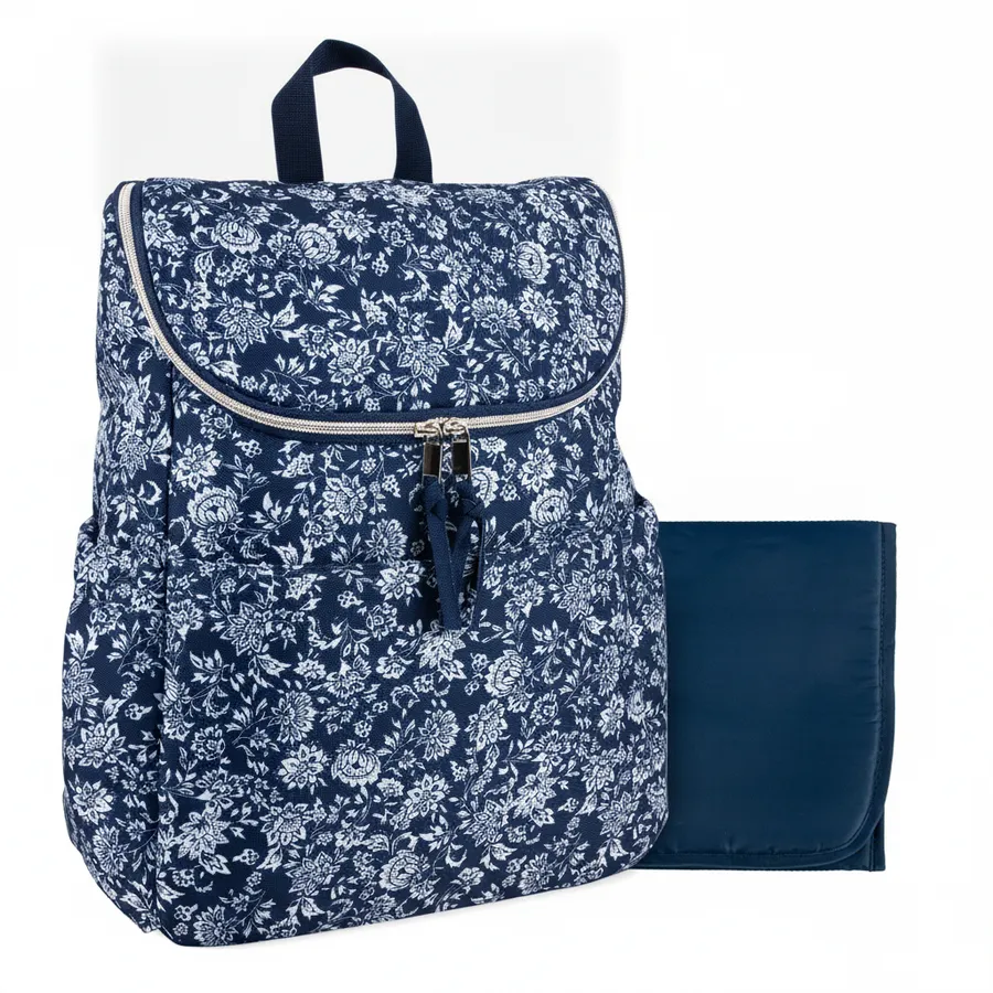 Navy Floral Print Wide Opening Diaper Backpack Set - Everyday Travel Bag — wholesale Bags & Backpacks by the case