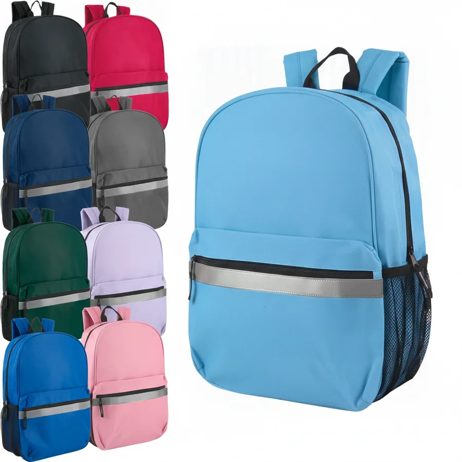 17-Inch Safety Reflective Stripe Backpack with Side Pocket for Everyday Travel — wholesale Bags & Backpacks by the case