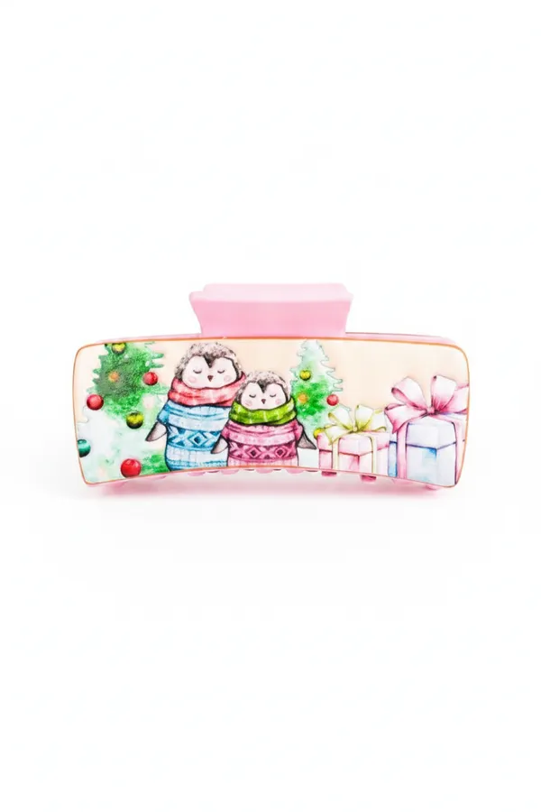 Holiday Penguin Embossed Pink Claw Clip - Festive Hair Accessories for Boutiques & Salons — wholesale Seasonal & Holiday by the case