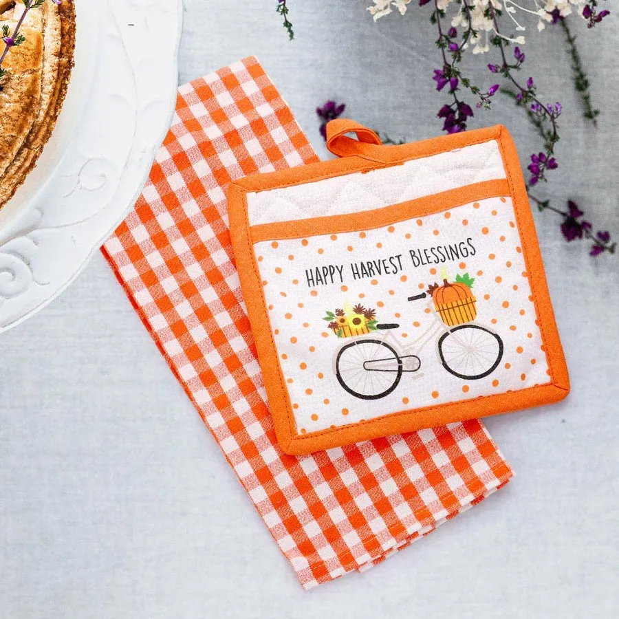 Pumpkin Flower& Basket Bicycle Pot Holder & Kitchen Towel — wholesale Kitchen & Drinkware by the case